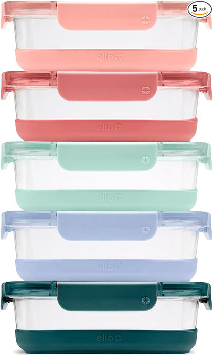 Ello Duraglass Refresh 3.4 Cup Meal Prep Sets 10Pc, 5 Pack Set- Glass Food Storage Container with Silicone Boot and Airtight BPA-Free Plastic Lids, Dishwasher, Microwave and Freezer Safe, Melon