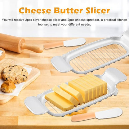 2 Pcs Butter Slicer Cutter, Aluminum Alloy Multipurpose Cheese Slicer with 2pcs Cheese Spreader, Handheld Butter Cutter Single Stick Makes Cutting Cheese, Butter, Eggs Into Average