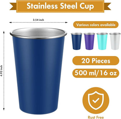 Mimorou 20 Pack 16 oz Stainless Steel Pint Cups Metal Cups Unbreakable Drinking Water Tumblers Stackable Tumbler for Adults Bar Home Restaurant Travel Picnic Camping Outdoor (Colorful)