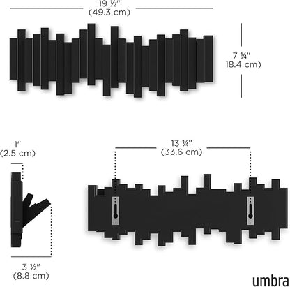 Umbra Sticks Wall-Mounted Coat Rack Rail Hook with 5 Retractable Pegs – Modern, Space-Saving Storage Organizer, Black