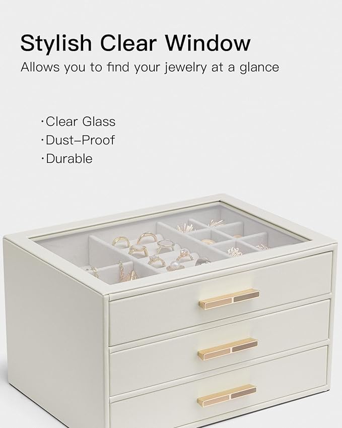 Vlando Jewelry Box for Women, Glass Lid Jewelry Organizer with 3 Drawers for Necklaces Rings Earrings Bracelets Mother Day Gift for Mom - Cloud White