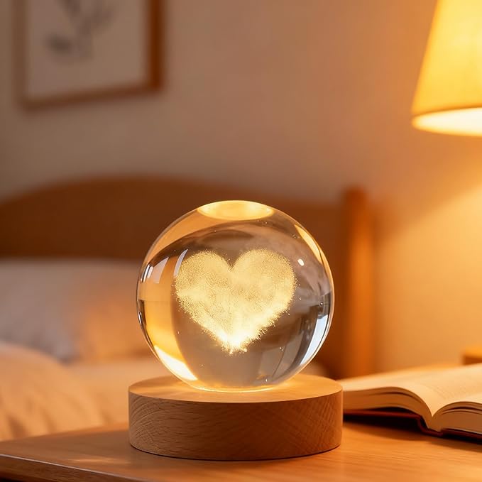 3D Heart Love Crystal Ball, 2.4 inch Valentines Day Decoration Quartz Glass Ball, Lovely Sphere Light Crystal Display Cute Sculpture Home Decor Gifts for Mom Women Grils Friends Office Table