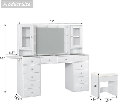 Vanity with Mirror and 10 LED Lights,Vanity Desk with Power Outlet, Makeup Vanity with 12 Drawers and 2 Cabinets, Fold-up Panel, Glass Top Vanity Table with Chair for Bedroom, White