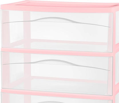 Sterilite 3 Pack Wide 3 Drawer Storage Cart, Rolling Organization, Pink | Clear Plastic Organizer Drawers with Wheels for Craft Supplies, Bath Essentials, or Home Accessories