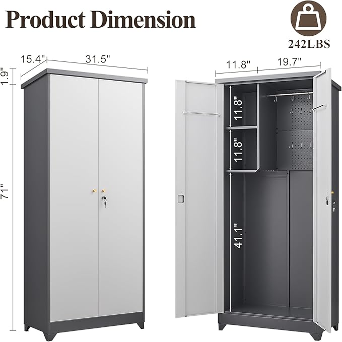 Outdoor Metal Storage Cabinet,Garden Storage Cabinet with Waterproof Coating,Waterproof Lockable Storage Cabinets for Garden,Backyard,Lawn,Dark Gray+White