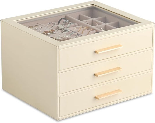 Frebeauty Clear Lid Jewelry Box,3-Layer Jewelry Organizer with Drawer,PU Leather Jewelry Organizers and Storage,Jewelry Boxes for Women,Jewelry Storage for Rings Earring Stud,Gift for Women(Beige)