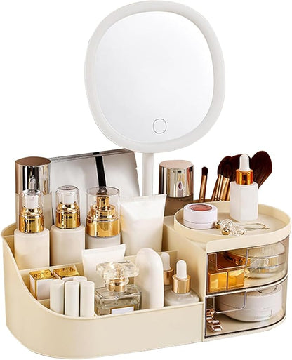 DASITON Makeup Organizer with Rechargeable Mirror,Makeup Brush Holder with 2 Drawers,Skincare and Cosmetics Organizer Countertop,Large Capacity Cosmetic Display Case for Vanity,Bedroom,Bathroom(Cream)