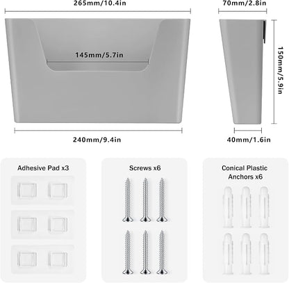 JOMOLA No Drilling File Holder 3 Pack Mail Organizer Wall Mount File Organizer Holder Office Wall Hanging Files Magazines Organizer Plastic Door Mount Wall Pocket with Adhesive Pad, Grey Color