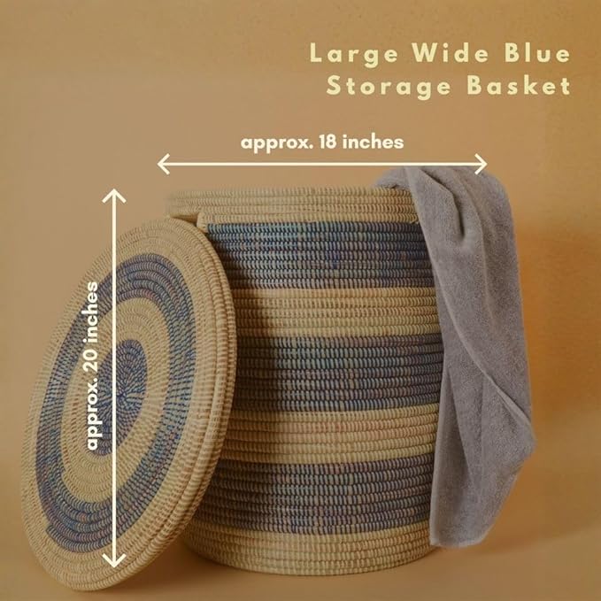 Large Woven Storage Basket with Lid, Laundry Hamper, 20 x 18 Inch Round Decorative Container for Toys, Blankets, Towels, Cut Out Handles (Blue)