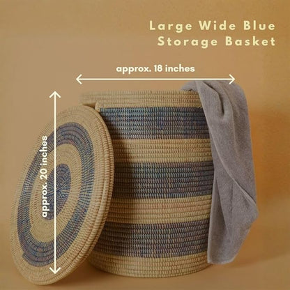 Large Woven Storage Basket with Lid, Laundry Hamper, 20 x 18 Inch Round Decorative Container for Toys, Blankets, Towels, Cut Out Handles (Blue)