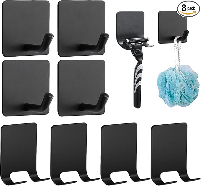 8 Pack Adhesive Hooks, 4 Pack Razor Holder for Shower and 4 Heavy Duty Waterproof Sticky Hooks for Hanging Towels, Loofah, Coat, Hat (Black)