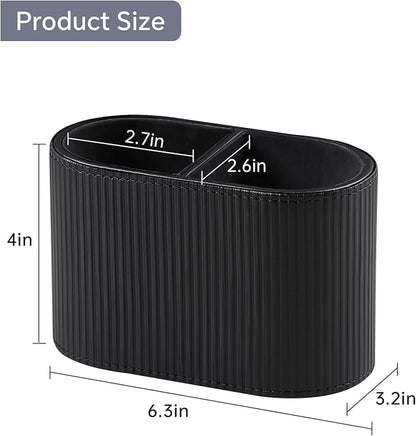 PU Leather Pen Holder for Desk, Small Remote Control Holder Pencil Cup Multifunctional Desktop Organizer Caddy for Home School Office Desk Accessories - 2 Compartments (Black Ribbed Texture)