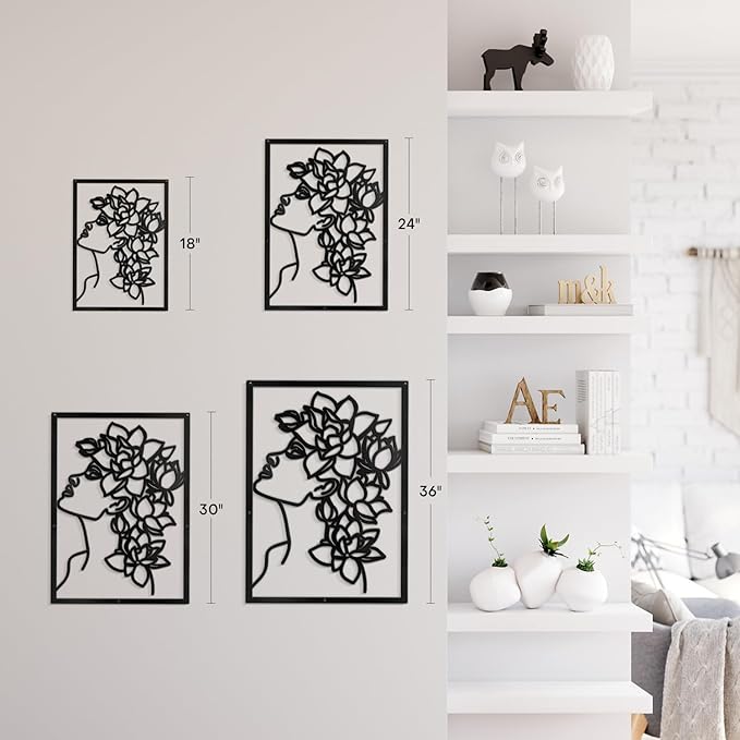 SIGNLEADER Metal Wall Art Decor Flowers Head Woman Modern Abstract Wall Sculpture Hangings Home Decoration for Living Room, Bedroom, Bathroom, Kitchen, Outdoor - 24" Black