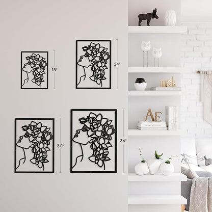 SIGNLEADER Metal Wall Art Decor Flowers Head Woman Modern Abstract Wall Sculpture Hangings Home Decoration for Living Room, Bedroom, Bathroom, Kitchen, Outdoor - 24" Black