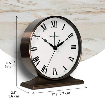 Presentime & Co Lewis Mantel Alarm Clock, Desk and Shelf Clock, Tabletop Decoration, 5.5 x 5 inch, Silent no Ticking, Metal Base, Bronze Finish, Roman Numeral