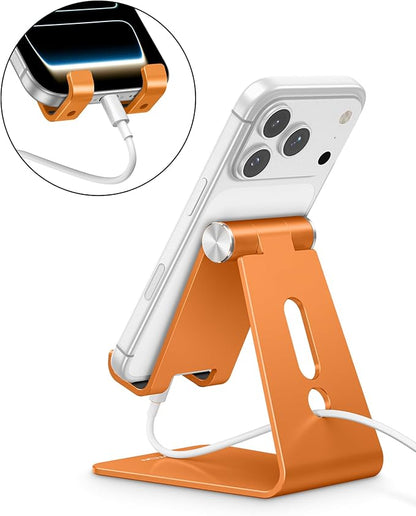 OMOTON Adjustable Cell Phone Stand, Aluminum Desktop Cellphone Stand with Anti-Slip Base and Convenient Charging Port, Fits All Smart Phones, Orange