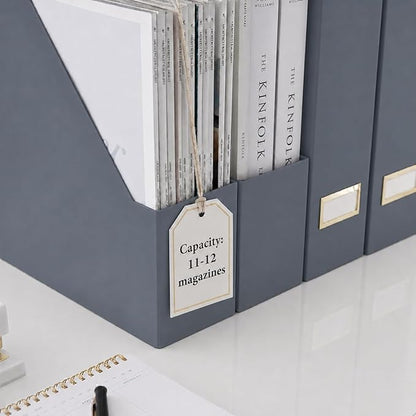 BLU MONACO | Set of 6 Foldable Grey Magazine File Holders with Gold Label Holders | Vertical File Organizer Boxes for Desk, Bookshelf & Home Office Storage