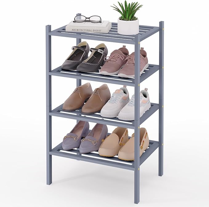 Smiry Small Bamboo Shoe Rack 4-Tier, Stackable Wooden Shoe Organizer for Entryway & Closet, Free Standing Wood Shoe Storage Shelf for Front Door & Small Spaces, Grey