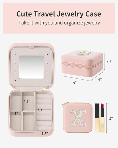 Vlando Travel Jewelry Box for Girls Women, W Initial Jewelry Box for Girls Small Jewelry Box Travel Jewelry Case Jewelry Box Travel Gifts for Girls Women - Letter X, Pink