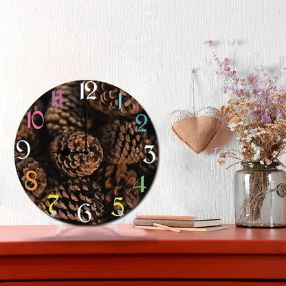Pinecone Wall Clock 10 Inch Wooden Battery Operated Autumn Forest Maple Leaves Wall Clocks Decorative Indoor,Decorative for Kitchen Bathroom Bedroom