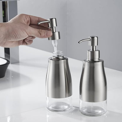 Gaussra 2 Pack Soap Dispenser with Coaster and Stickers, Stainless Steel Case Glass Liner Hand Pump Dispenser, Refillable Liquid Hand Soap Dispenser for Bathroom & Kitchen - Brushed Nickel