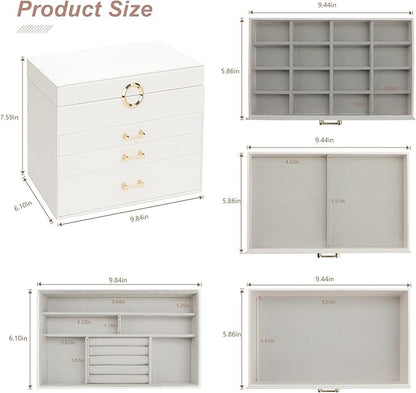 Jewelry Box with Mirror，Jewelry Holder Organize with 3 Drawer，4-Layer Jewelry Box for Women Girls，Large Jewelry Storage Box. (White