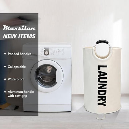 90L Large Laundry Basket, Freestanding Tall Clothes Hamper, Collapsible Laundry Bag, Beige