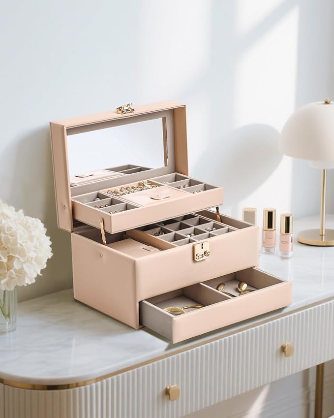 CASEGRACE Jewelry Organizer Box,3 Layers Leather Jewelry Storage Case with Portable Jewelry Case, Removable Jewelry Tray, Home and Travels Storage,Gift for Women (pink)
