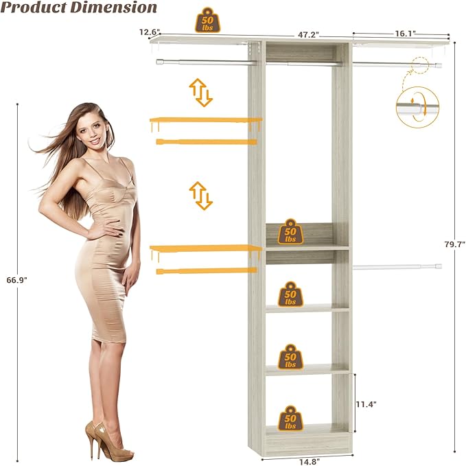 Cyclysio 4FT Small Closet System, 80"H Closet Organizer System with 4 Closets Rods & 3 Shelves, 48" Closets Organizers and Storage for Small Bedrooms, Laundry Rooms, Cloakrooms, White Oak
