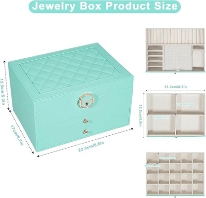 GUOER Jewelry Box for Women Girl Wife 3 Layers Large PU Leather Jewelry Organizer Storage Case with Two drawers Display for Earrings Bracelets Rings Watches (Teal)