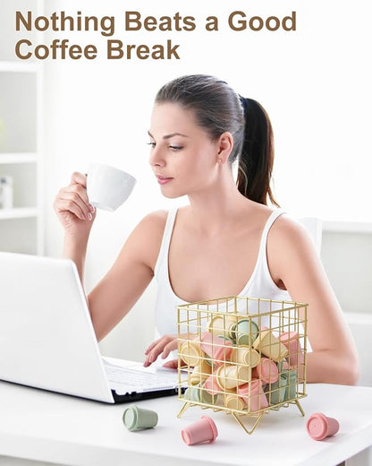 FantasyLife K Cup Holder Organizer, 5.3" x 5.3" x 6.3" Coffee Pod Storage Basket, Coffee Bar Accessories Metal Basket, Large Capacity Countertop Organizer for Kitchen Counter & Office Desktop (Gold)
