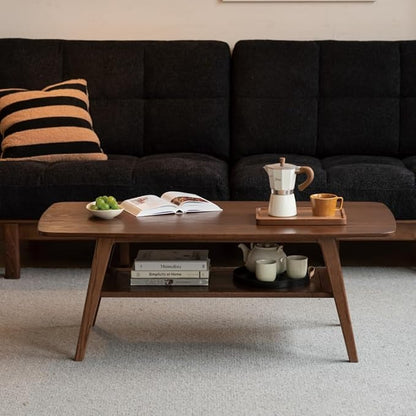 100% Solid Wood Coffee Table for Living Room, 39.37" Mid Century Modern Tables with Shelf Storage, 2-Tier Coffee Table with Rounded Corners (Oak Wood Walnut Color, 39.37" L)