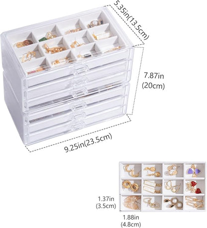 Lolalet Earring Holder Organizer Box Jewelry Storage with 6 Drawers, Clear Acrylic Stackable Earring Case with Adjustable Velvet Trays for Women on Dresser Vanity -Warmwhite, 6 Layers
