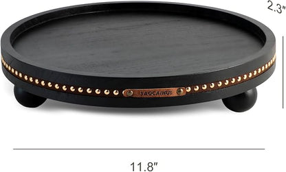 Farmhouse Decorative Round Tray, 11.81 Inch, Versatile Centerpiece Tray for Coffee Table Kitchen Living Room Bathroom, Home Decor Accent Black