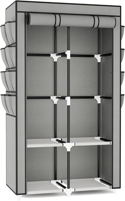 Portable Closet for Hanging Clothes, Portable Wardrobe Closet with Cover, 4 Storage Shelves, 2 Hanging Rods and 8 Side Pockets, Easy Assembly and Sturdy Free Standing Closet for Bedroom, Grey