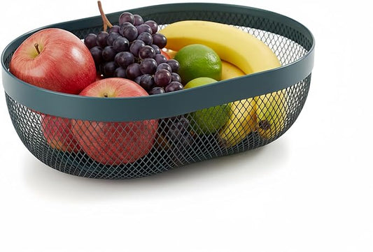 XIKEMADI Oval Metal Mesh Basket - Elegant Multi-Purpose Kitchen Fruit & Snack Storage Organizer, Ideal for Countertop, Entertaining & Gift Giving (Dark Green)