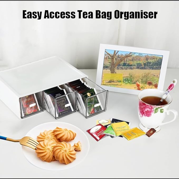 Plastic Tea Bag Organizer with 3 Drawers, Desk Drawer Organizer, Stackable Storage Drawers, White Tea Box, Makeup Organizer, Clear Tea Bag Storage, Coffee Storage for Tea Bags, Sugar Packets, Cosmetic