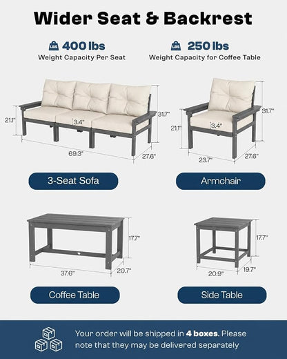HDPE Outdoor Patio Furniture Set, 6-Piece Patio Conversation Sets with Coffee Table & Side Table & Beige Washable Thick Cushions, Outdoor Sofa for Balcony, Porch (Grey Frame)