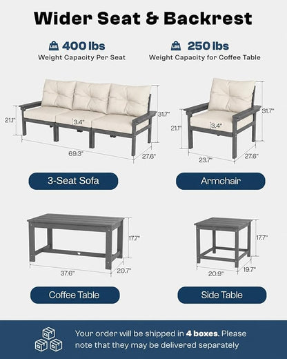 HDPE Patio Sofa Set, 4-Piece Sectional Outdoor Patio Furniture Set, All Weather Outdoor Couch Set with Coffee Table & Beige Washable Thick Cushions for Balcony, Porch, (Grey Frame)