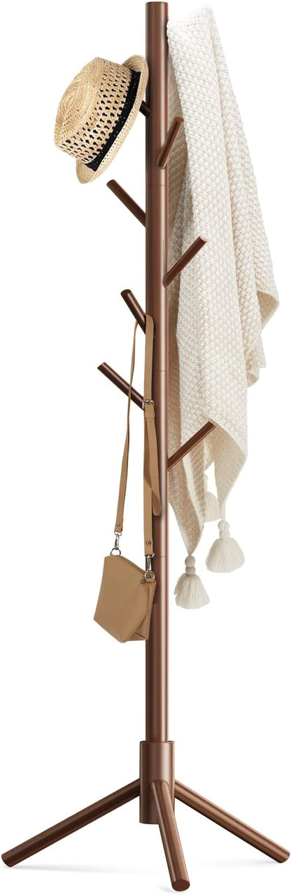 Haddockway Wooden Coat Rack Stand with 8 Hooks New Zealand Pine 3 Adjustable Coat Standing Tree Easy Assembly for Coats, Hats, Scarves and Handbags for Entryway, Hallway, Bedroom, Office
