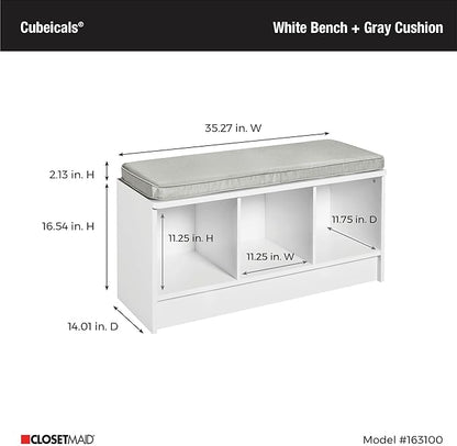 ClosetMaid 1631 Cubeicals 3-Cube Storage Bench, White with Gray Cushion