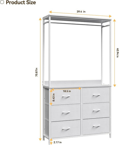 6 Dresser Drawer with Hanging Rack, 2-in-1Tall Dresser for Bedroom/Closet, Fabric Dressers & Chests of Drawers, Sturdy Alloy Steel Frame, Space Saving Closet Organizer