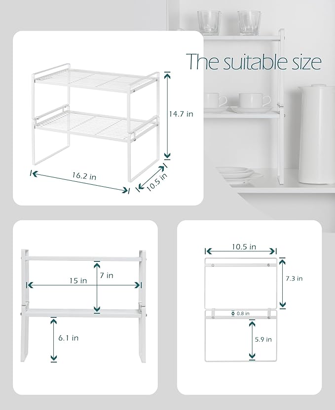Shantton 2Pack Kitchen Cabinet Shelf Counter Organizer Rack Pantry Storage Bathroom Bedroom Office Table Desk Space Saving Stackable Rust Resistant Non Slip White Wide L16.1in W10.6in H7.3in