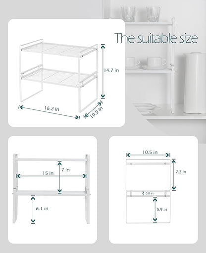 Shantton 2Pack Kitchen Cabinet Shelf Counter Organizer Rack Pantry Storage Bathroom Bedroom Office Table Desk Space Saving Stackable Rust Resistant Non Slip White Wide L16.1in W10.6in H7.3in