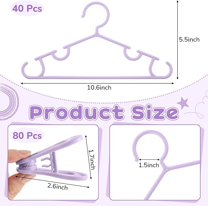 Hsei 5/10/40 Pack Baby Hangers with 10/20/80 Clips, Plastic Kids Pants Hangers for Nursery Closet Top and Bottom Clothes Hanger Set for Newborn Infant Toddler(120 Packs Total,Purple,10.6 Inch)
