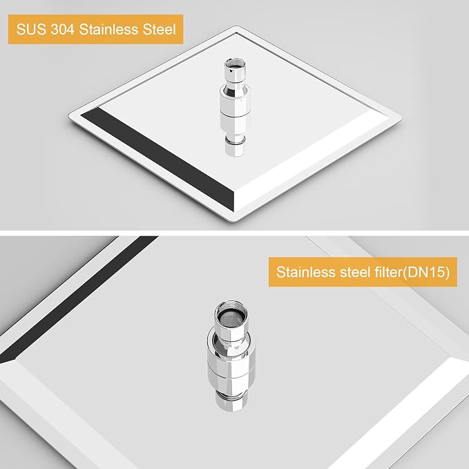 BESy 10 Inch Rain Shower Head, 10" Square Rainfall & High Pressure Stainless Steel Bath Shower Head, 1/16" Ultra Thin, Waterfall Full Body Coverage with Silicone Nozzle, Polished Chrome