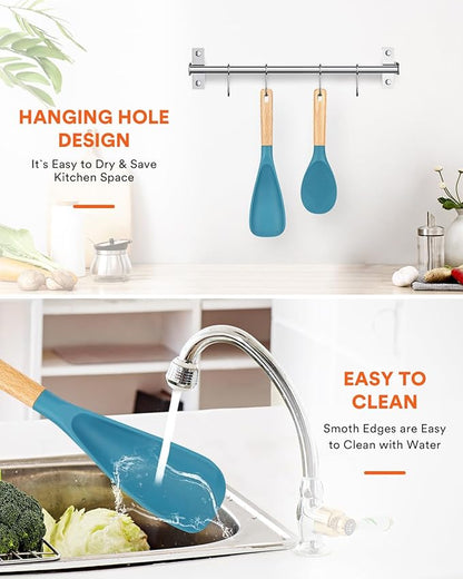 Cooking Spoon and Rice Scooper for Nonstick Cookwares, Great for Cooking and Serving Sturdy BPA-Free Matte Silicone, Wood Handle Spoon for Mixing, Scoop, and Scrape, Turquoise