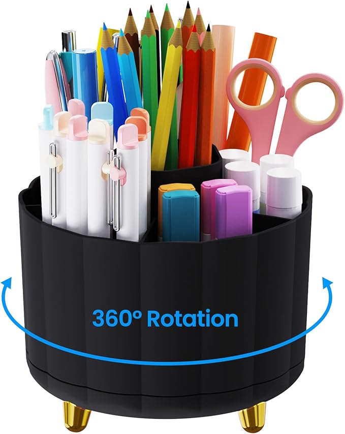 Pencil Holder for Desk 360 Rotating, Pen Holder for Desk or Classroom, Pencil Cup & Pen Organizer, Rotating Caddy, Makeup Brush Holders with 6 Slots, Black
