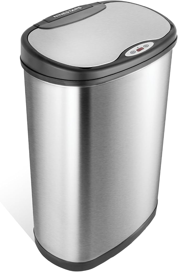 Ninestars 13 Gallon Oval Automatic Trash Can, 50L Touchless Motion Sensor Kitchen Garbage Can with Odor-Sealing Lid, Silver Stainless Steel