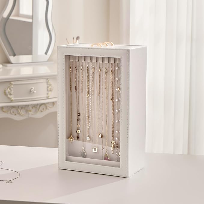 Lolalet Necklace Organizer Box, Jewelry Storage Box with Clear Window for Necklaces Bracelets, Tangle-Free Necklace Display Case for Women Girls, White, 3 Layers 30 Hooks